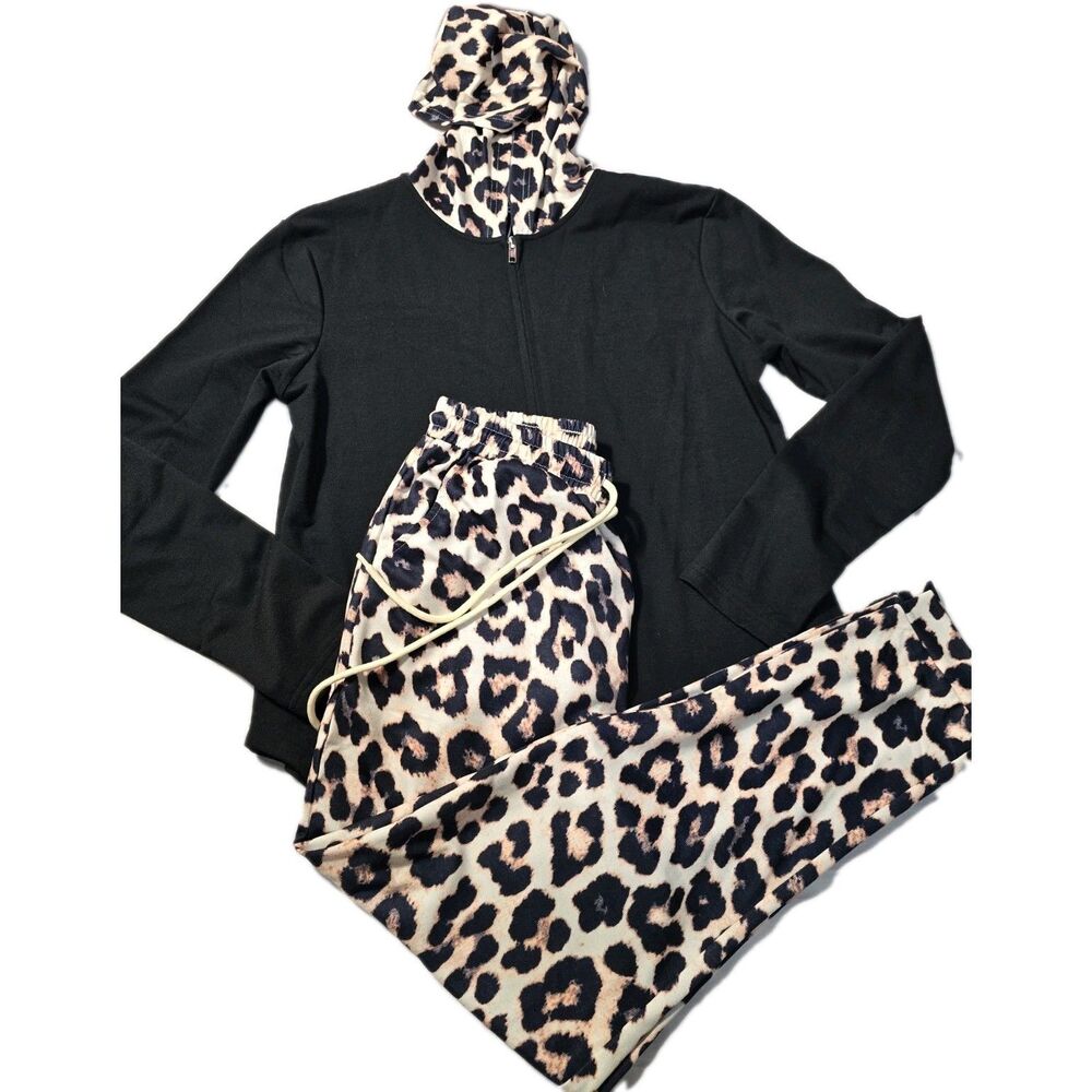 2-Piece Set Women's Leopard Print Zip Up Hooded Jacket & Pants Tracksuit Set,szM